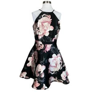 XSCAPE Floral Print Backless Fit and Flare Mini Cocktail Dress Black Size 10